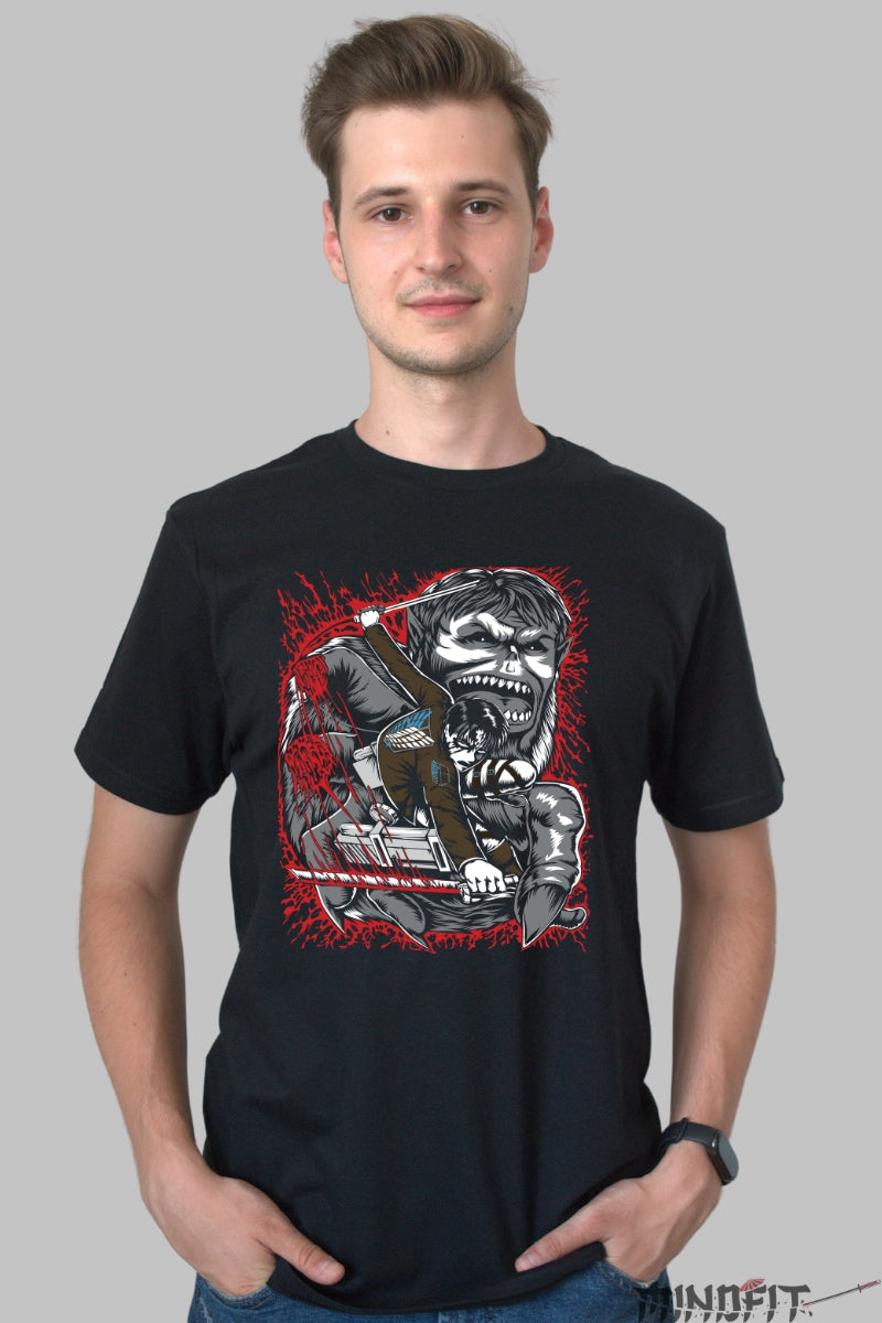 Tricou Anime Attack on Titan - Levi vs Tiranul Bestial Barbat Negru