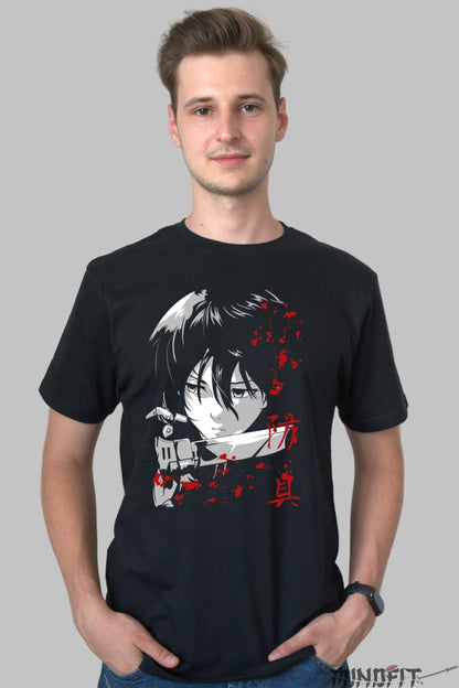 Tricou Anime Attack on Titan - Privirea Mortii cu Lama in Mana Barbat Negru