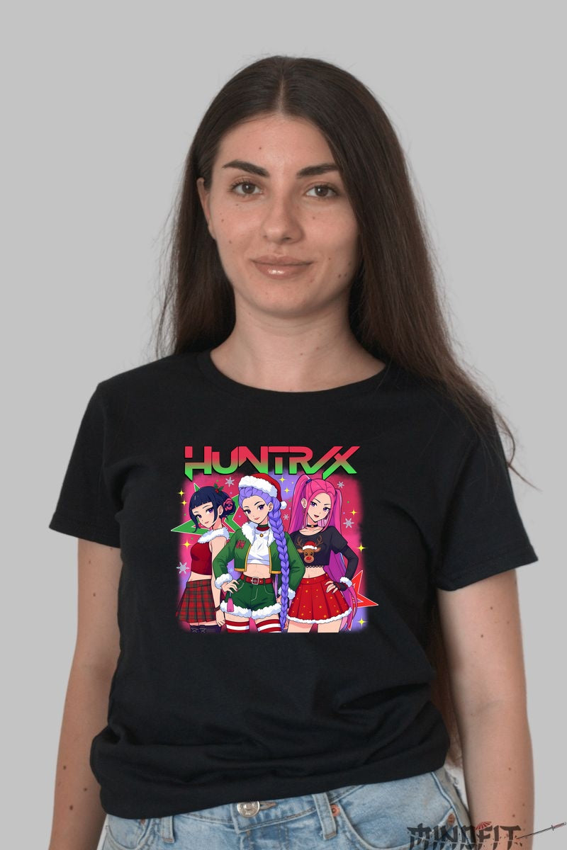 Tricou Anime De Craciun - Huntrax Girls Festive Squad dama negru