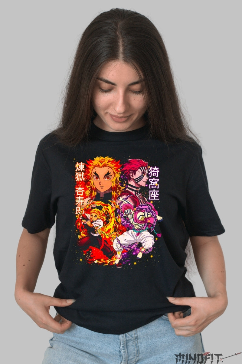 Tricou Anime Demon Slayer - Batalia Finala Rengoku vs Akaza dama negru