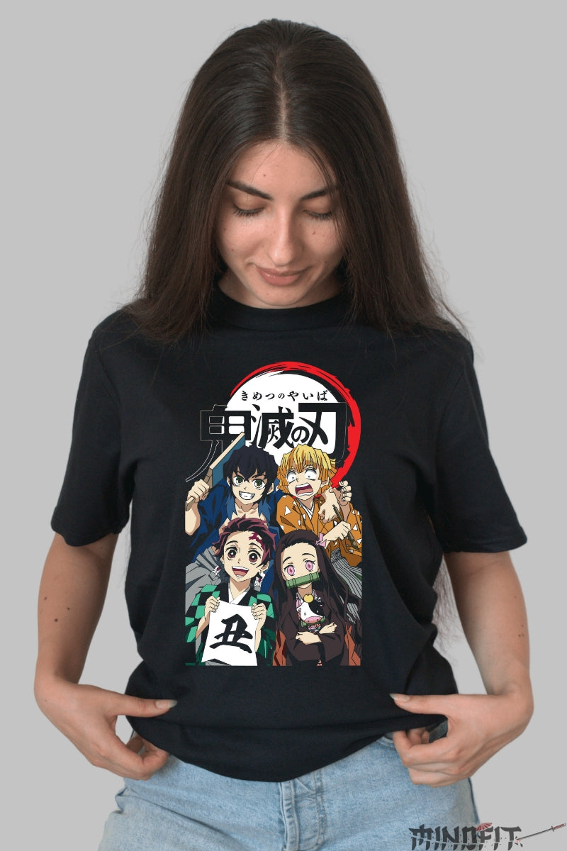 Tricou Anime Demon Slayer - Echipa Kamado in Actiune Dama Negru