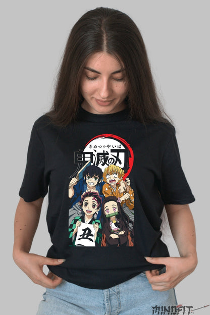 Tricou Anime Demon Slayer - Echipa Kamado in Actiune Dama Negru