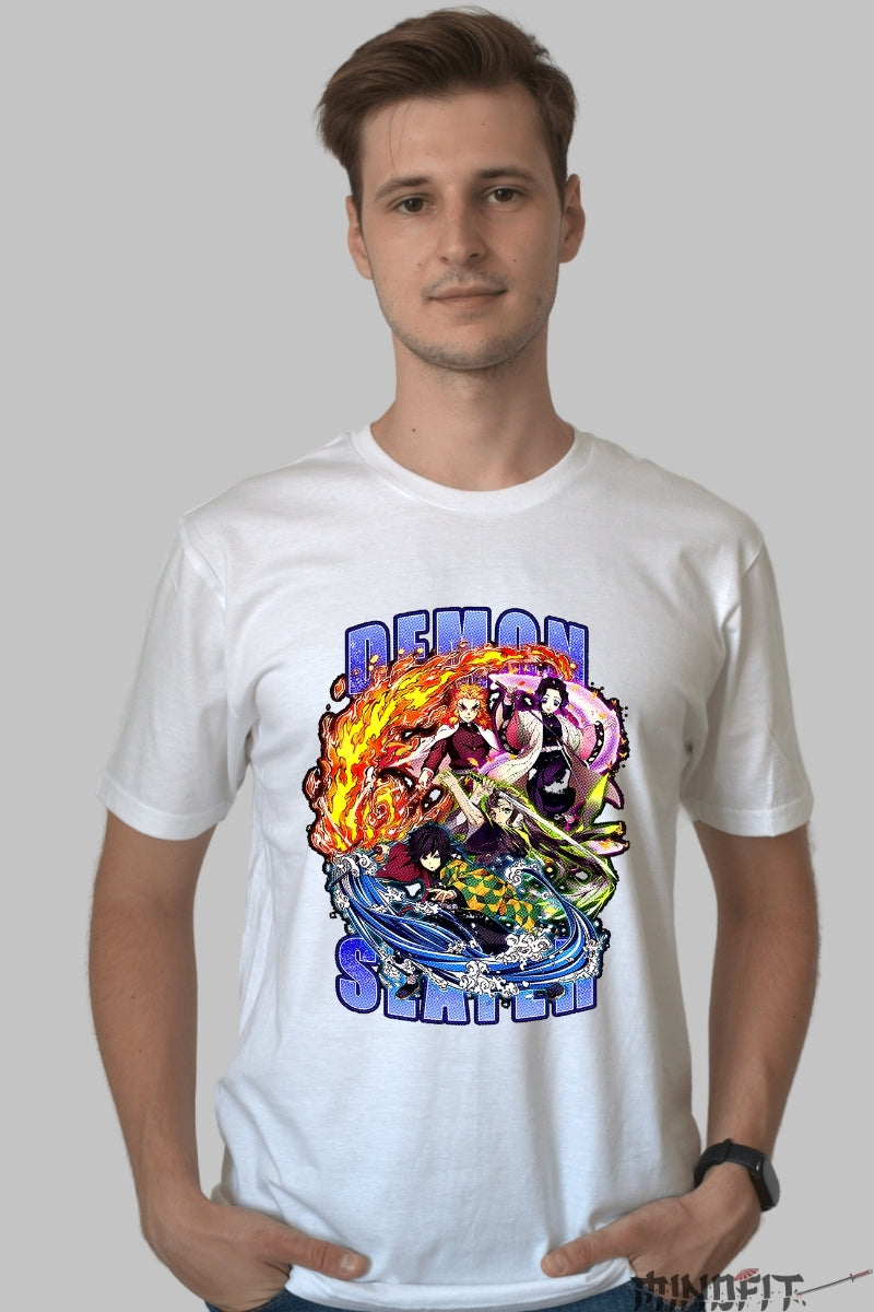 Tricou Anime Demon Slayer - Forta Elemente si Lupta Suprema barbat alb