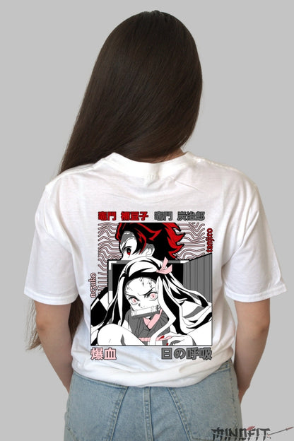 Tricou Anime Demon Slayer - Fratii Kamado Dama alb
