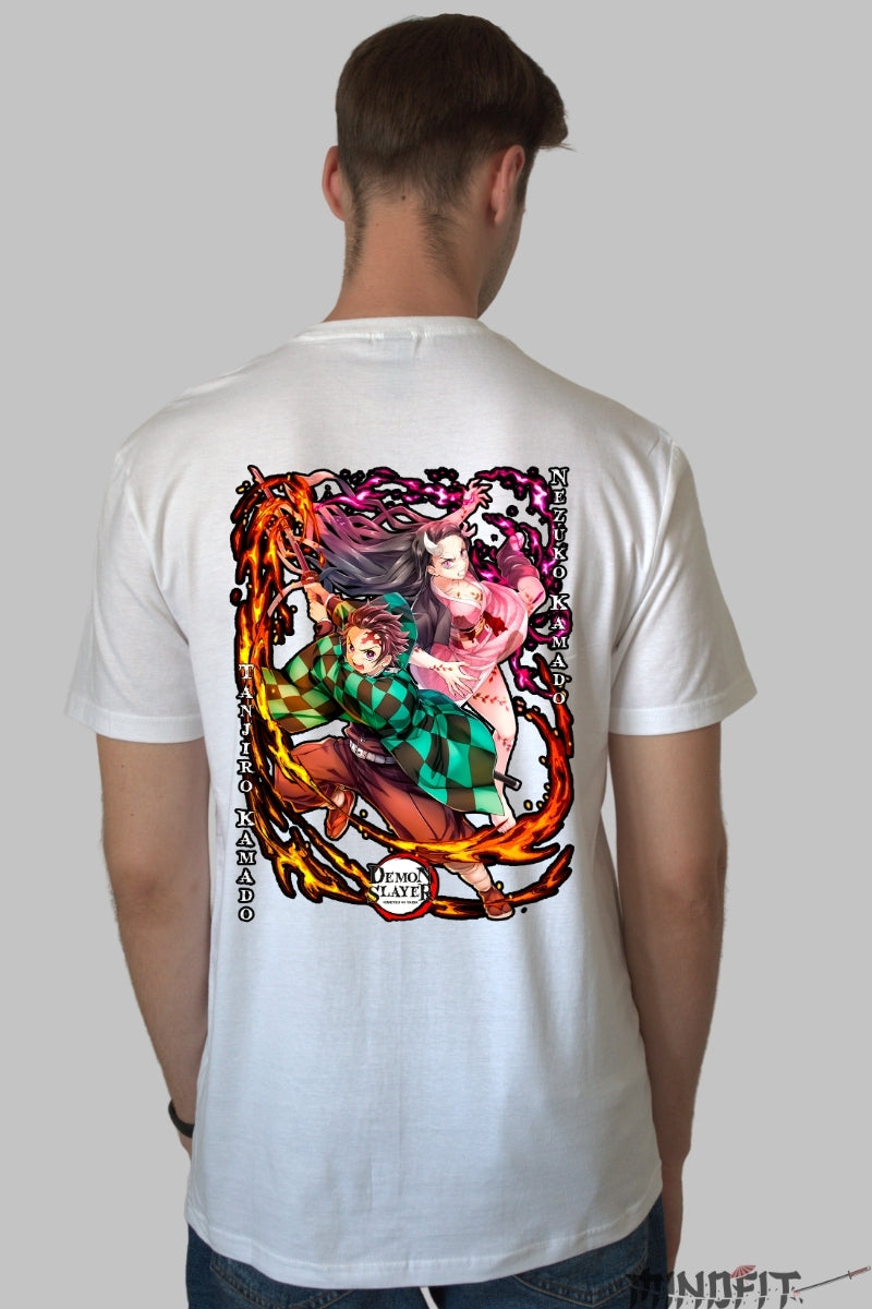 Tricou Anime Demon Slayer - Fratii Kamado Unite Barbat Alb