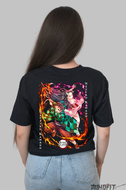 Tricou Anime Demon Slayer - Fratii Kamado Unite Dama Negru
