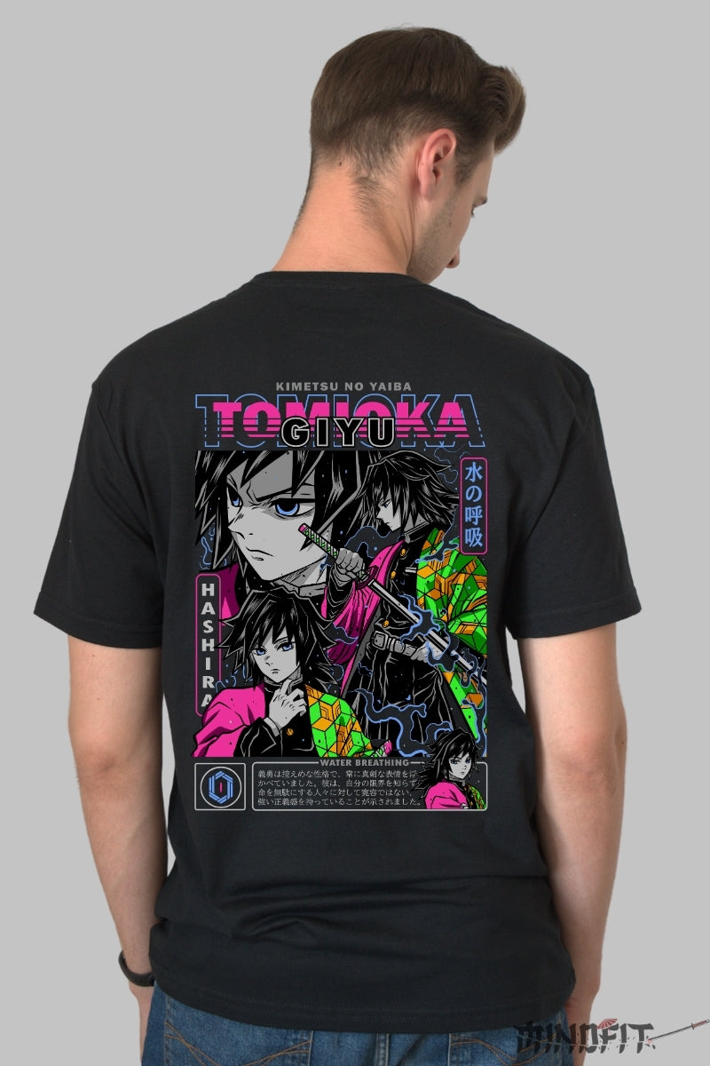 Tricou Anime Demon Slayer - Giyu Hashira Fight Barbat Negru