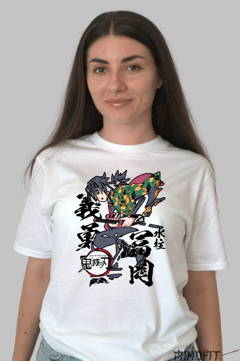Tricou Anime Demon Slayer - Giyu Tomioka Water Hashira dama alb