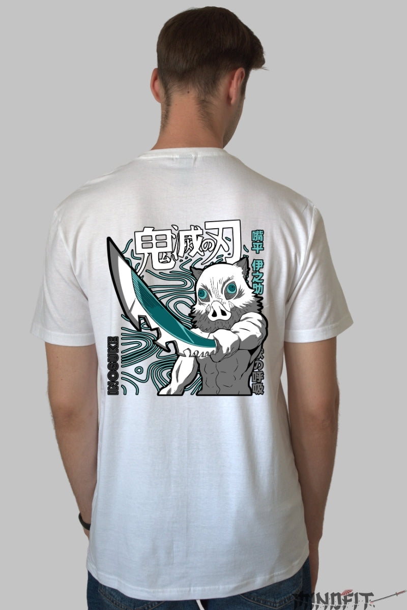 Tricou Anime Demon Slayer - Inosuke Beast Mode Barbat Alb