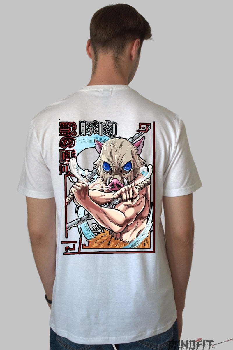 Tricou Anime Demon Slayer - Inosuke Beast Rage Barbat Alb