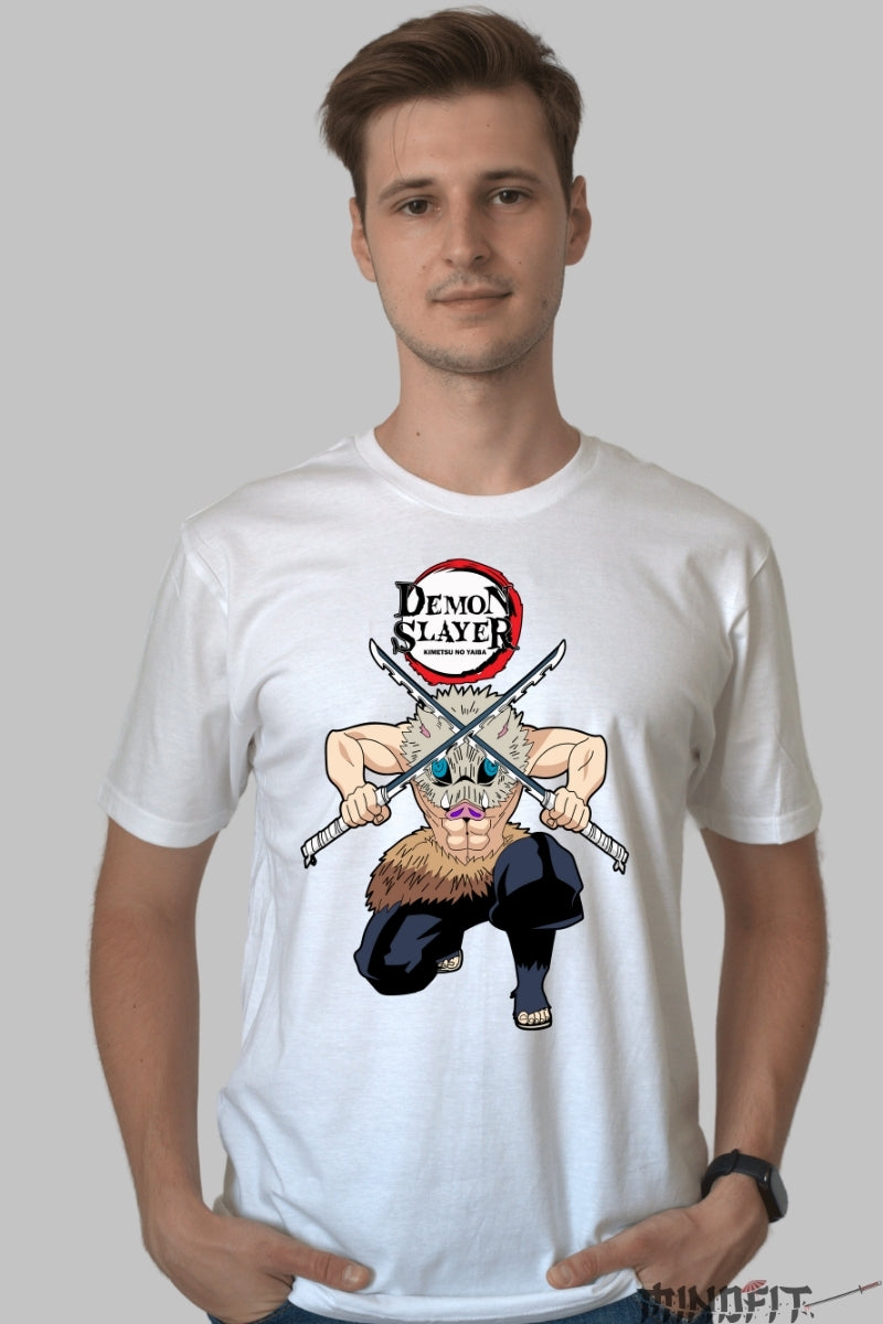 Tricou Anime Demon Slayer - Inosuke Cu Sabii Duble barbat alb