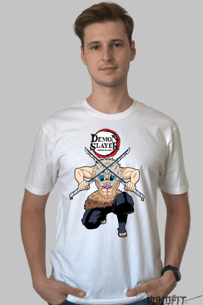 Tricou Anime Demon Slayer - Inosuke Cu Sabii Duble barbat alb