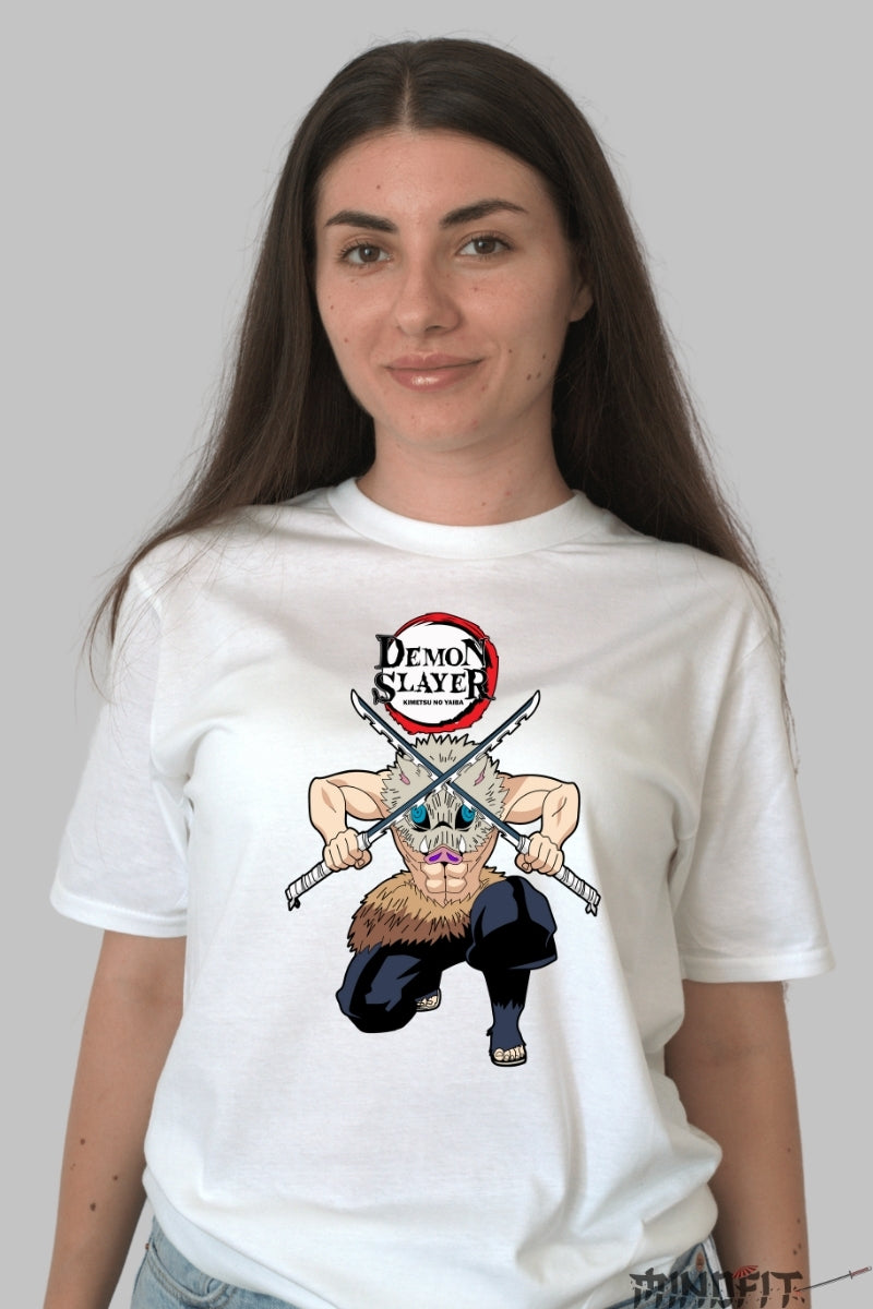 Tricou Anime Demon Slayer - Inosuke Cu Sabii Duble dama alb