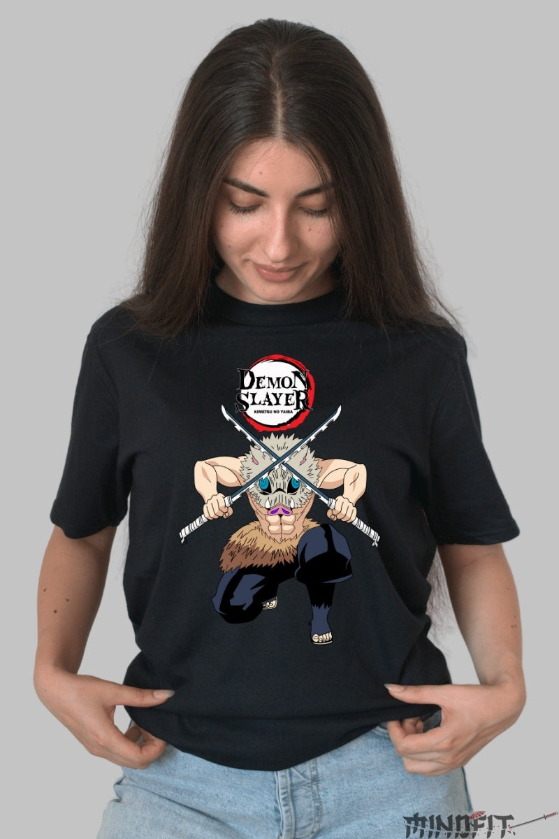 Tricou Anime Demon Slayer - Inosuke Cu Sabii Duble dama negru