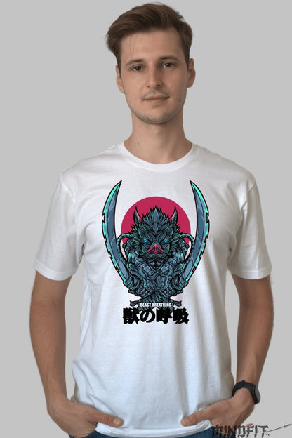 Tricou Anime Demon Slayer - Inosuke Respira-ia Bestiei barbat alb