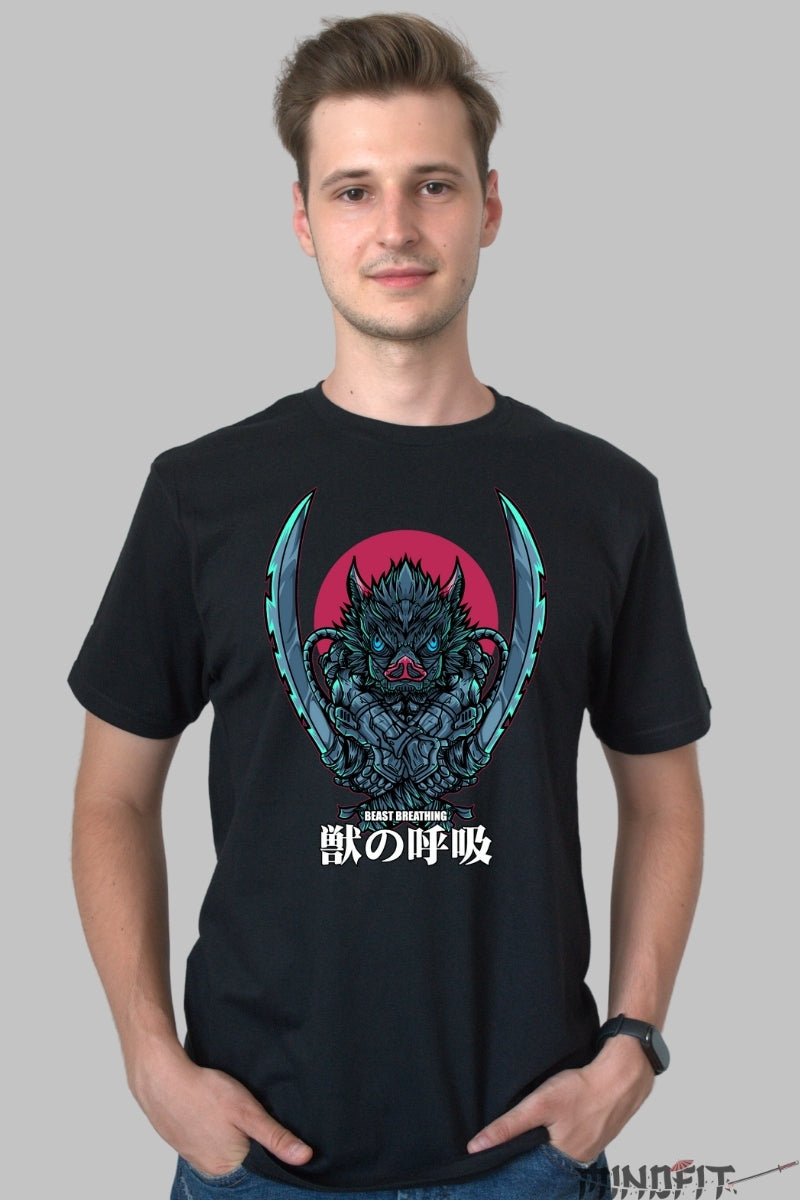 Tricou Anime Demon Slayer - Inosuke Respira-ia Bestiei barbat negru