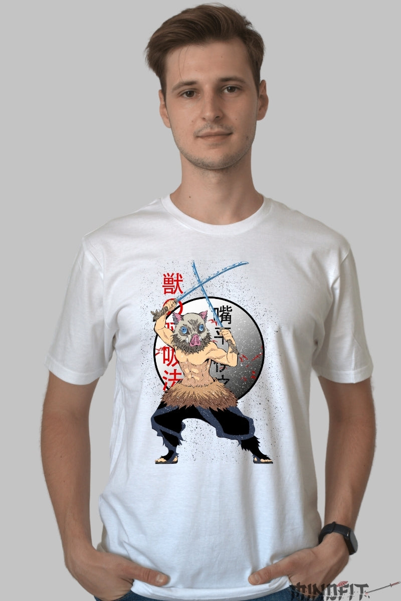 Tricou Anime Demon Slayer - Inosuke Wild Form barbat alb