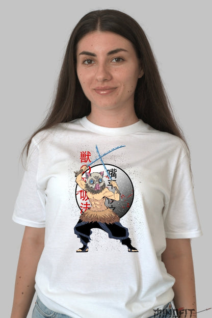 Tricou Anime Demon Slayer - Inosuke Wild Form dama alb