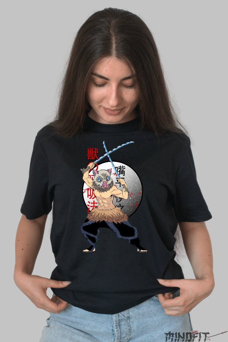 Tricou Anime Demon Slayer - Inosuke Wild Form dama negru