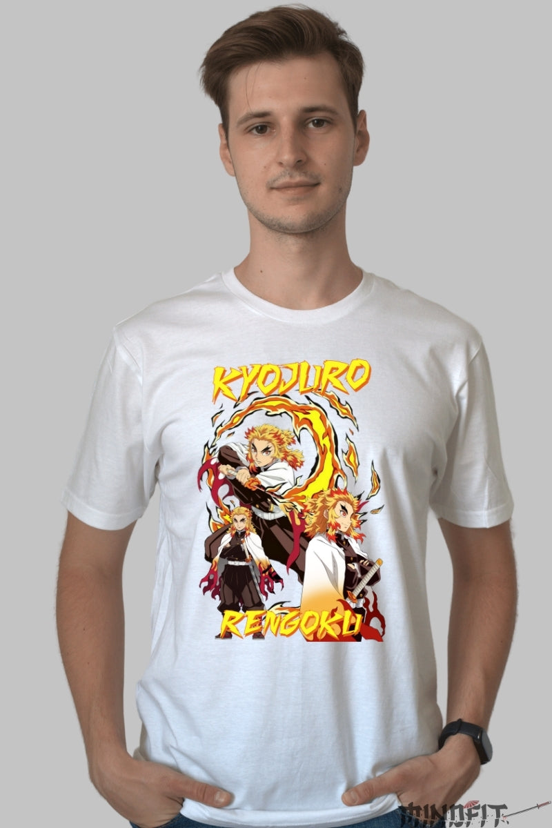 Tricou Anime Demon Slayer - Kyojuro Rengoku Flame Hashira barbat alb
