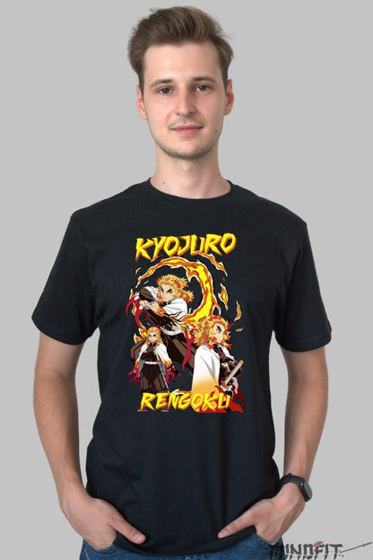 Tricou Anime Demon Slayer - Kyojuro Rengoku Flame Hashira barbat negru