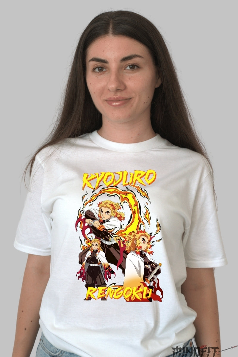 Tricou Anime Demon Slayer - Kyojuro Rengoku Flame Hashira dama alb