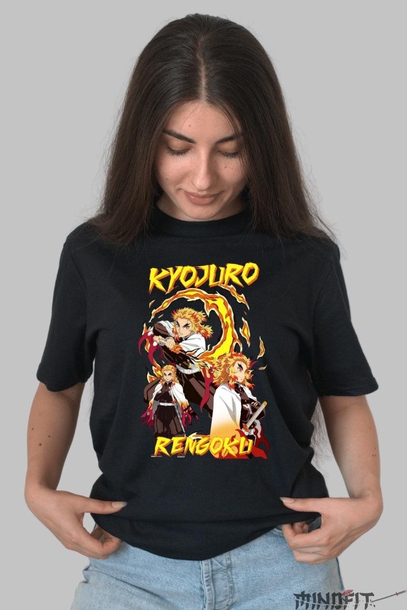 Tricou Anime Demon Slayer - Kyojuro Rengoku Flame Hashira dama negru