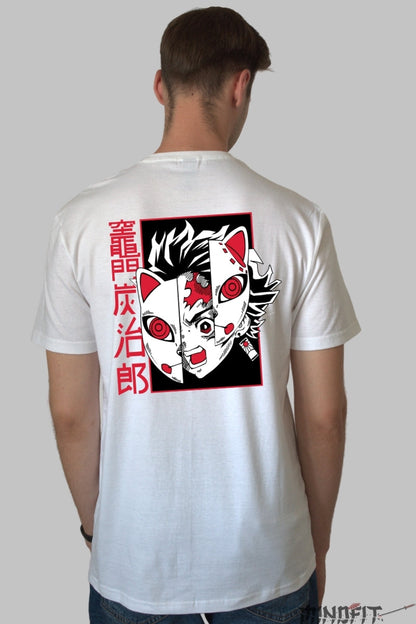 Tricou Anime Demon Slayer - Masca Fox Rage Barbat Alb