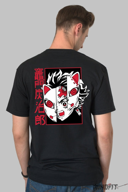 Tricou Anime Demon Slayer - Masca Fox Rage Barbat Negru