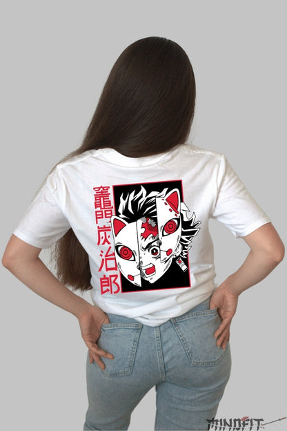 Tricou Anime Demon Slayer - Masca Fox Rage Dama alb