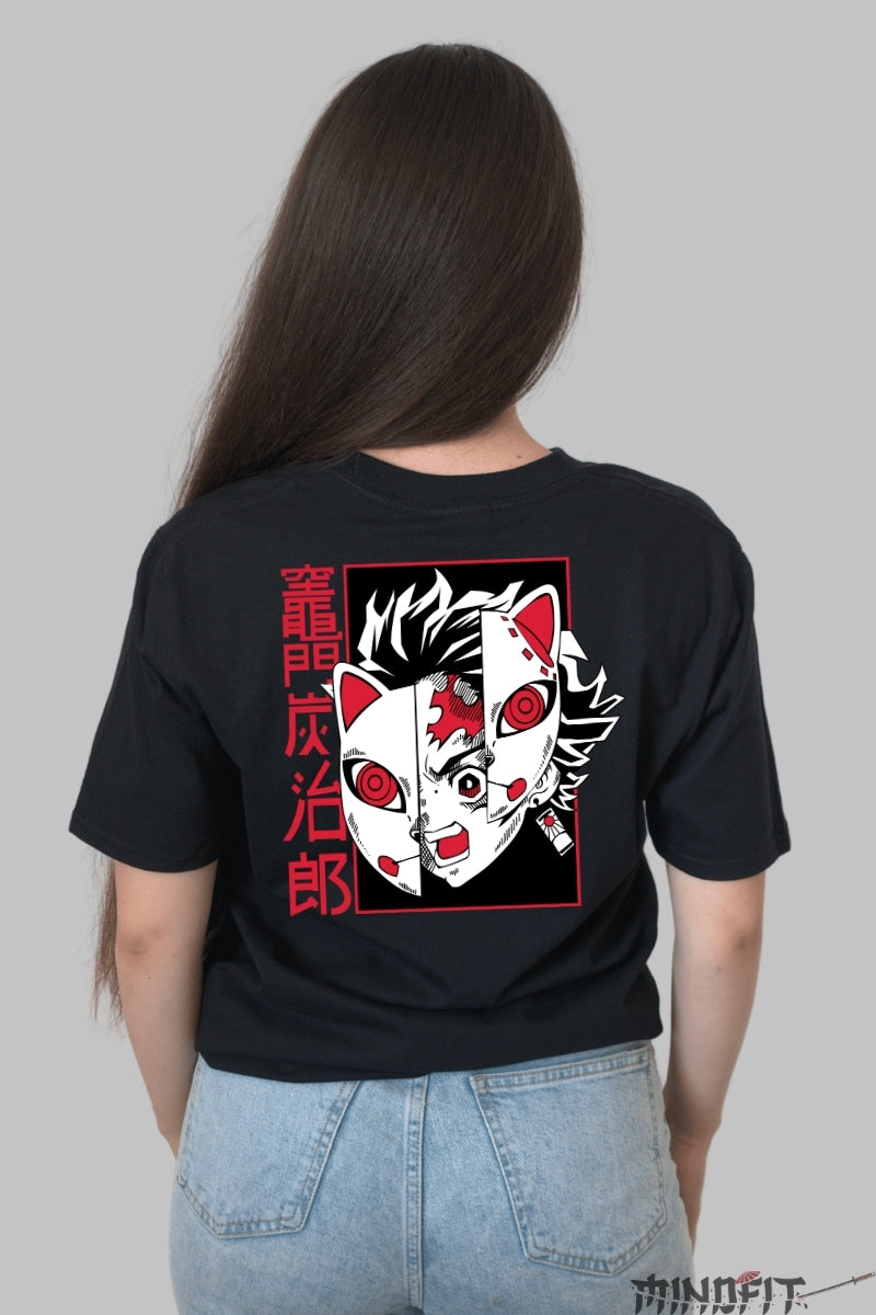 Tricou Anime Demon Slayer - Masca Fox Rage Dama Negru
