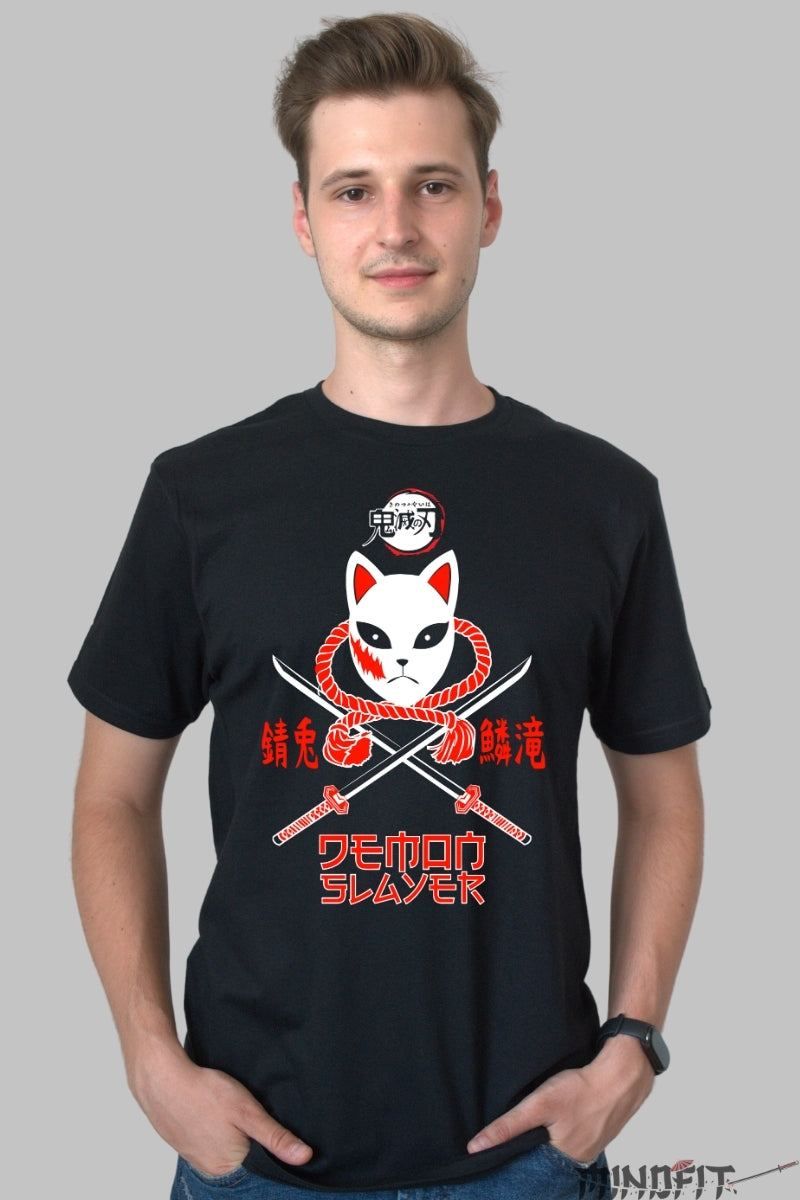 Tricou Anime Demon Slayer - Masca Sakonji cu Katana Incrucisata barbat negru