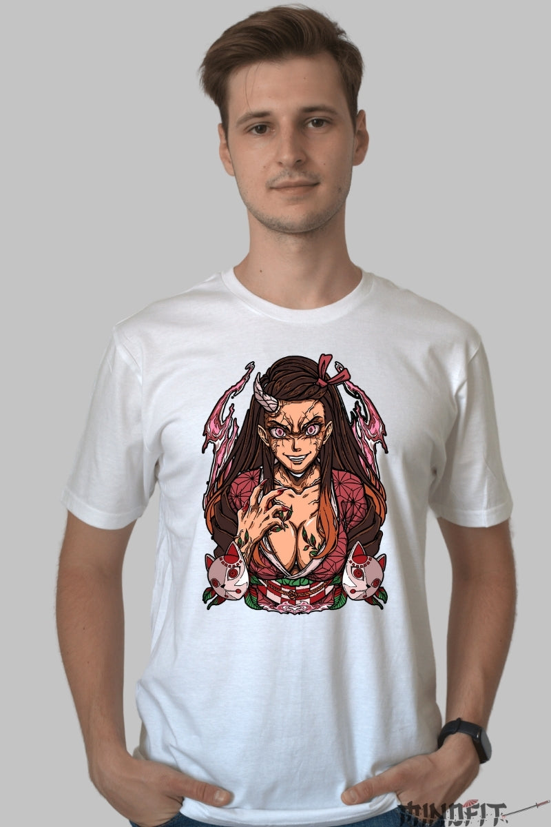 Tricou Anime Demon Slayer - Nezuko Forma Demonica barbat alb