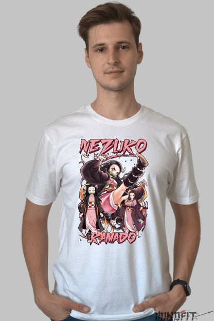 Tricou Anime Demon Slayer - Nezuko Kamado in Flacari barbat alb