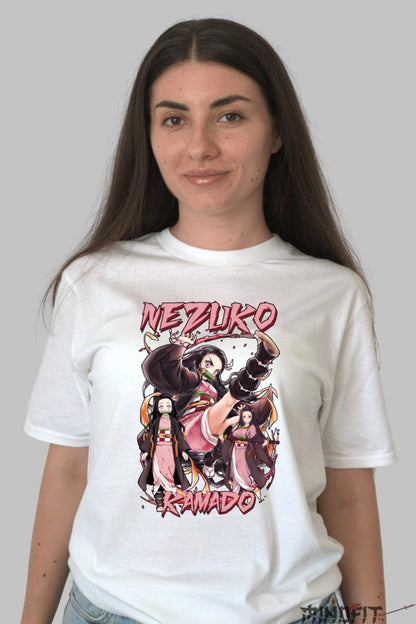 Tricou Anime Demon Slayer - Nezuko Kamado in Flacari dama alb