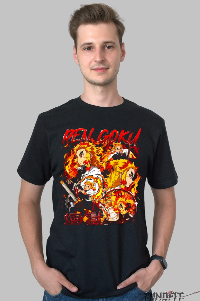 Tricou Anime Demon Slayer - Rengoku Flacara Neclintita Barbat Negru