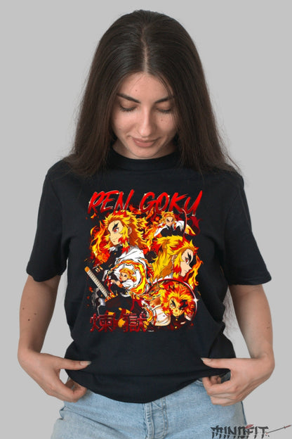 Tricou Anime Demon Slayer - Rengoku Flacara Neclintita Dama Negru