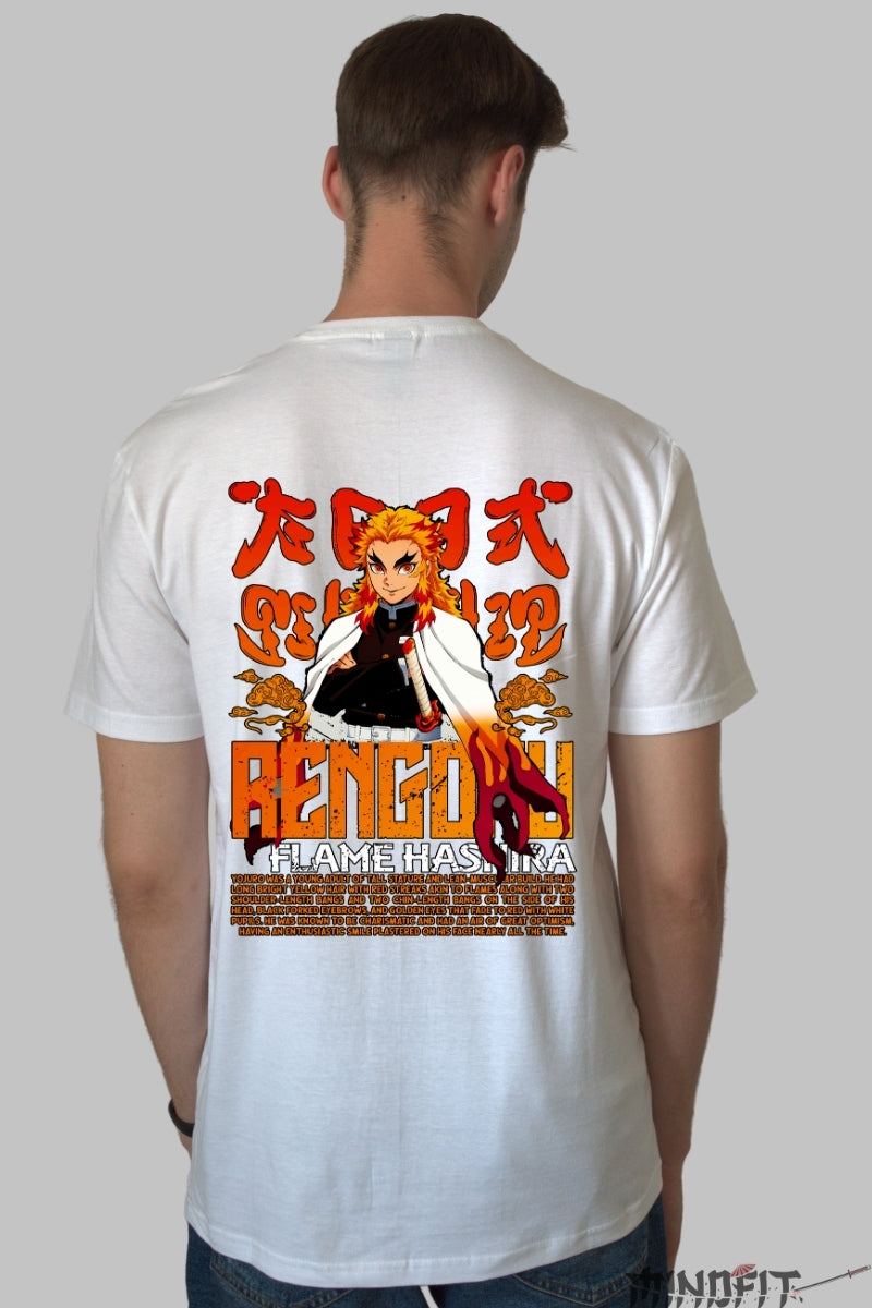 Tricou Anime Demon Slayer - Rengoku Flame Barbat Alb