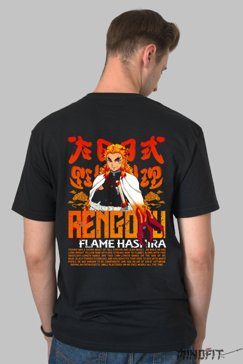 Tricou Anime Demon Slayer - Rengoku Flame Barbat Negru