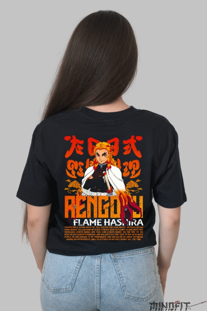 Tricou Anime Demon Slayer - Rengoku Flame Dama Negru