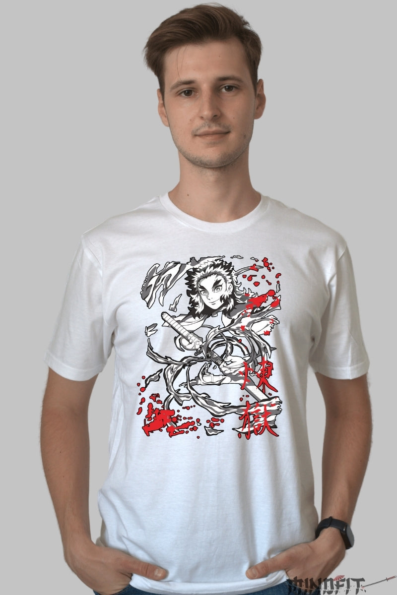 Tricou Anime Demon Slayer - Rengoku Flame Hashira barbat alb