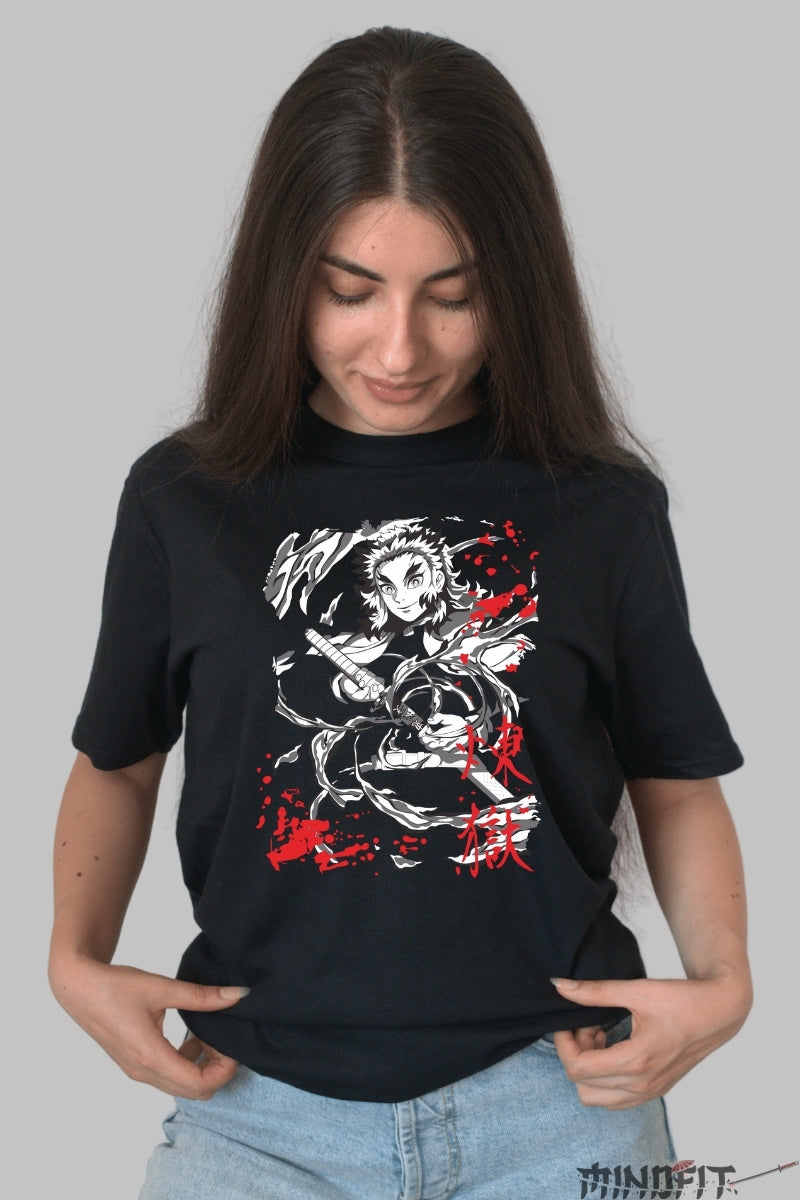 Tricou Anime Demon Slayer - Rengoku Flame Hashira dama negru