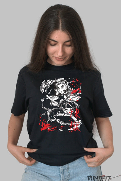 Tricou Anime Demon Slayer - Rengoku Flame Hashira dama negru