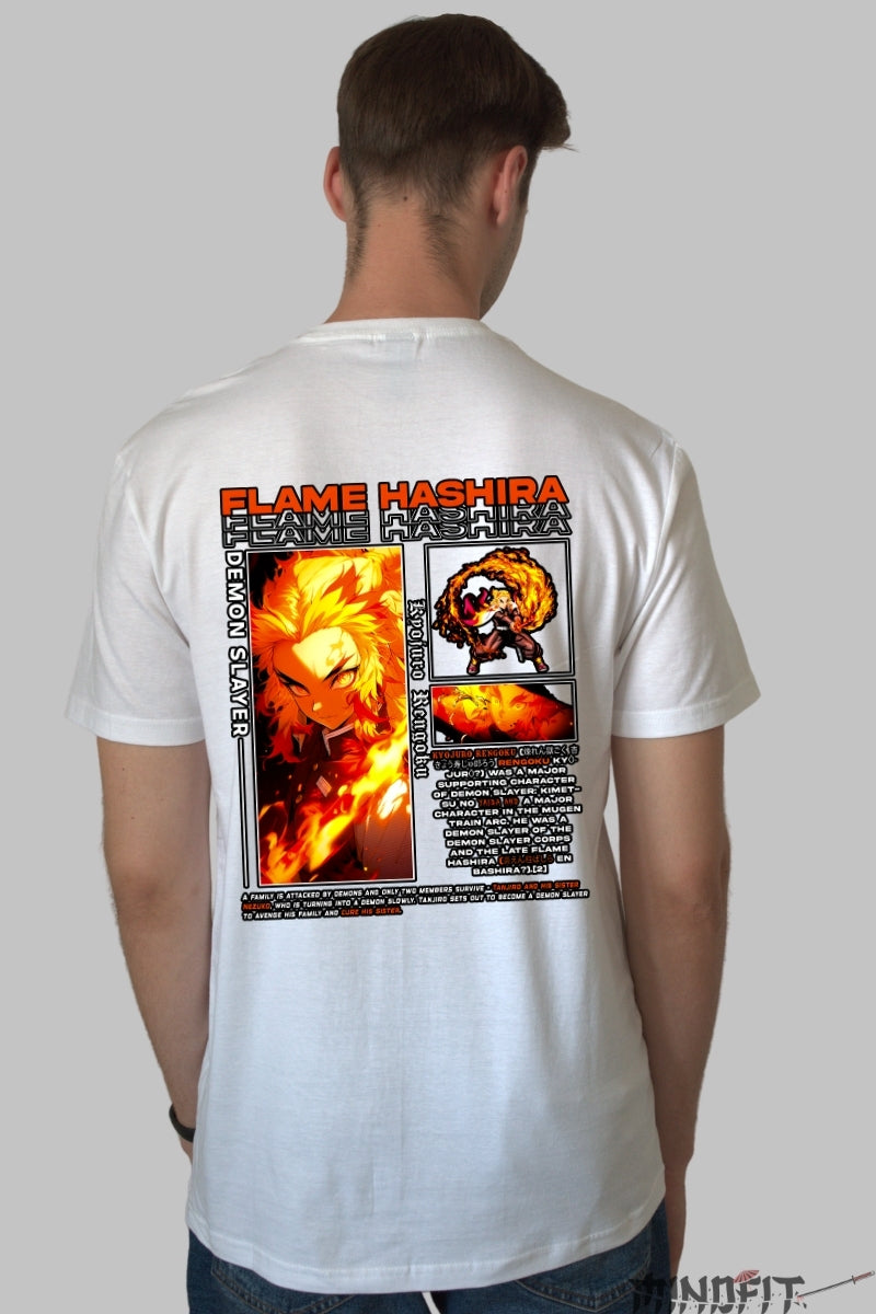 Tricou Anime Demon Slayer - Rengoku in Flacari Barbat Alb