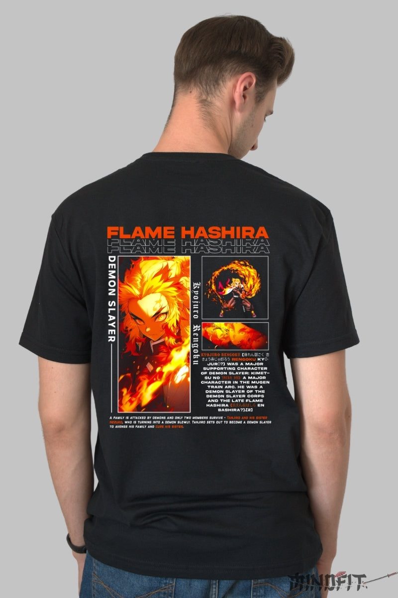 Tricou Anime Demon Slayer - Rengoku in Flacari Barbat Negru