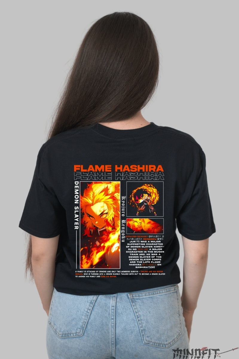 Tricou Anime Demon Slayer - Rengoku in Flacari Dama Negru