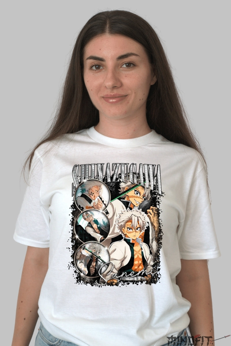 Tricou Anime Demon Slayer - Sanemi Shinazugawa Wind Hashira dama alb