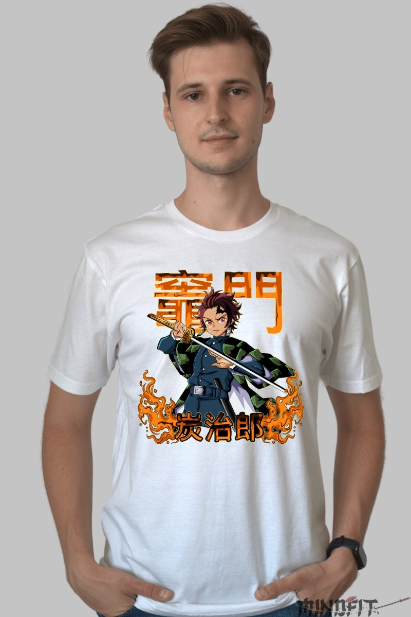 Tricou Anime Demon Slayer - Tanjiro Flame Blade barbat alb