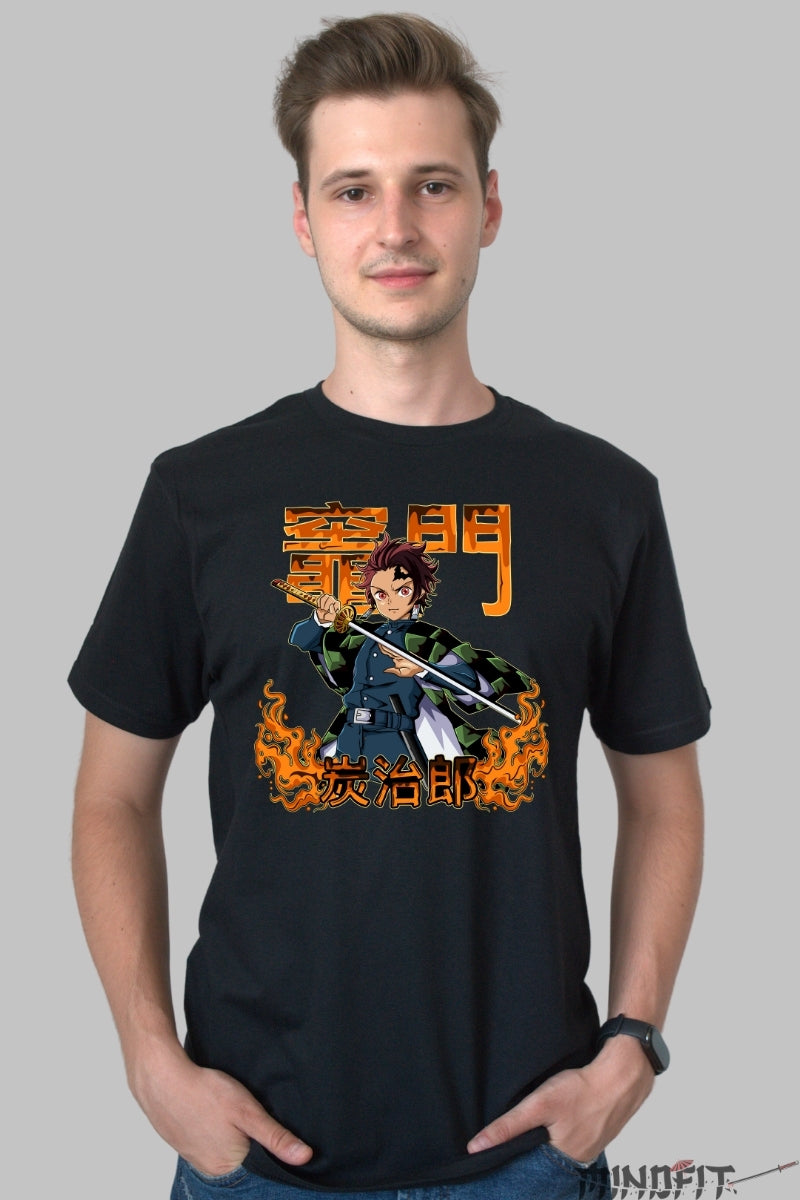 Tricou Anime Demon Slayer - Tanjiro Flame Blade barbat negru