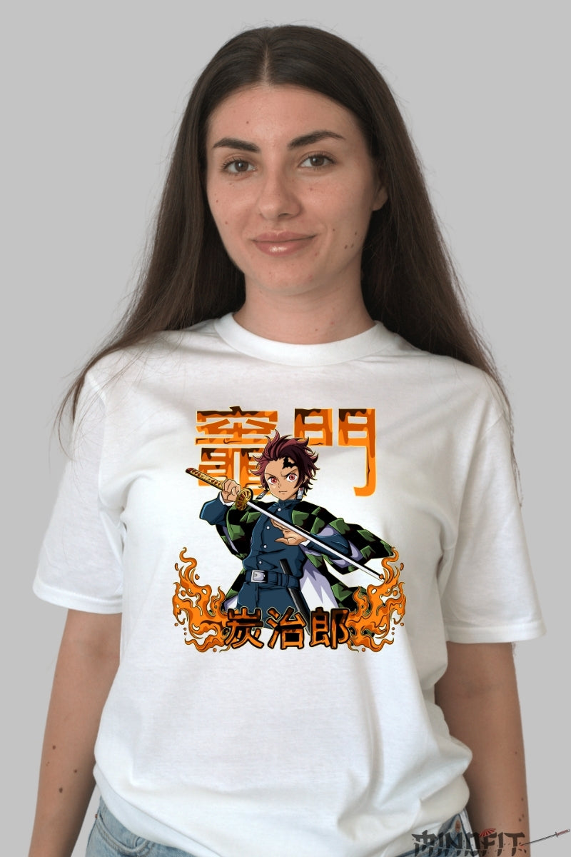 Tricou Anime Demon Slayer - Tanjiro Flame Blade dama alb